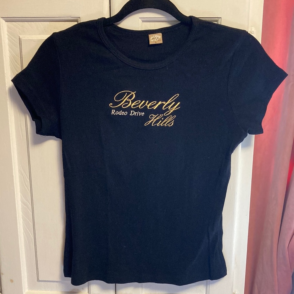 Beverly Hills Embroidered Black Baby Tee 90s Y2K Rodeo Drive California Vintage